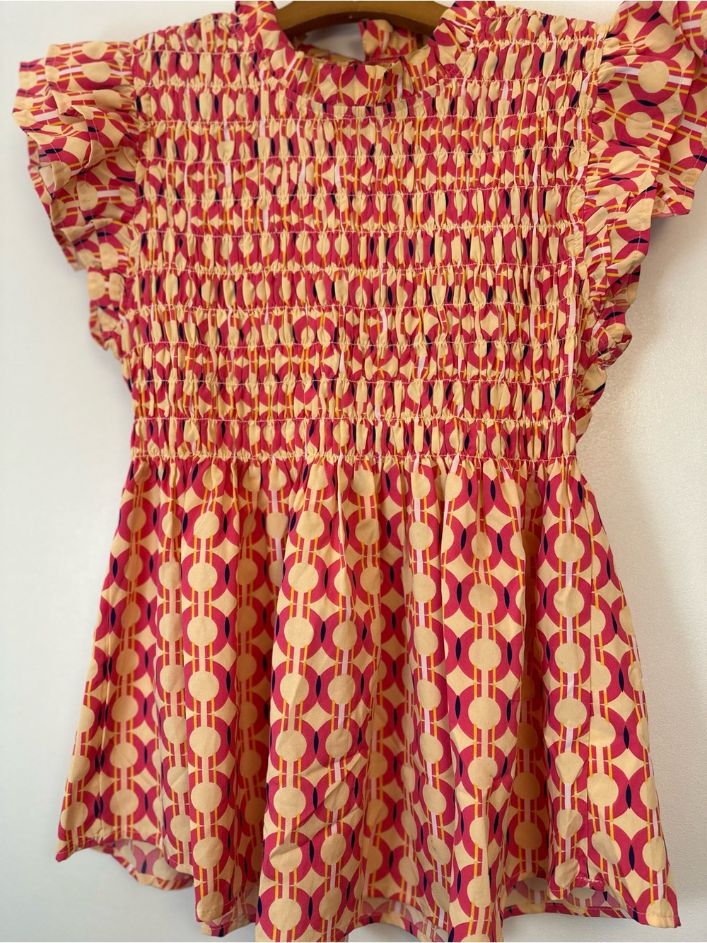 JODIFL Pink & Cream Smocked Flutter Sleeve Top